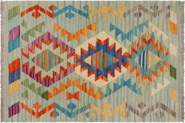 Flat Weave Kilim, Antique, Navaho, Vintage, Handmade, Geometric Kilim Blue Beige Hand-Woven Rectangle 100% Wool Area Rug 2 x 3